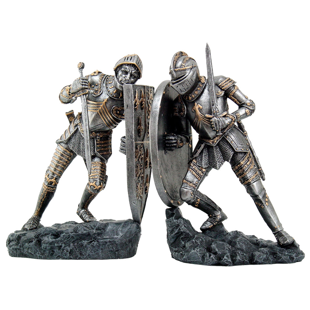 Medieval Knights in Full Armor Battling Bookends Set Collectible Figurine 8"