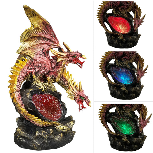 Double Headed Dragon Guardian of LED Lighted Crystal Rock Cavern Figurine