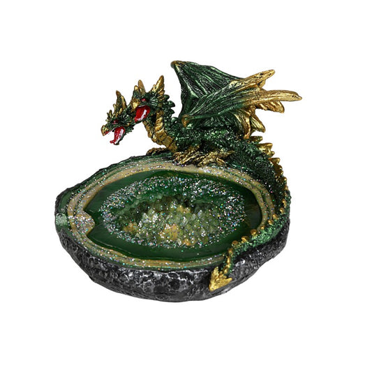 Botega WorldWide Green Double Headed Hydra Dragon Guarding Emerald Gems Quartz Crystal Cave Cigarette Ashtray Figurine Dungeons and Dragons Medieval Renaissance Decor Ashtray