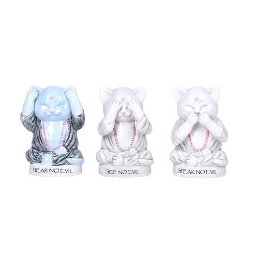 Master Meow Meditation Cat Ceramic See, Hear, Speak No Evil Figurine Set