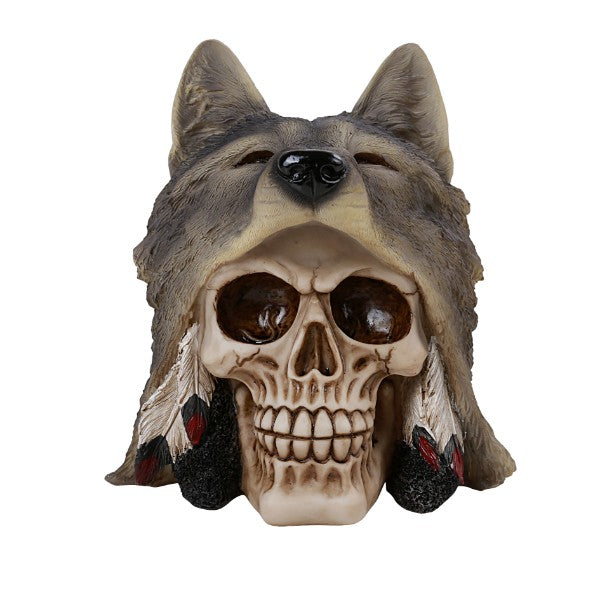 Indian Skull with Brown Wolf Head Dress Busy Statue