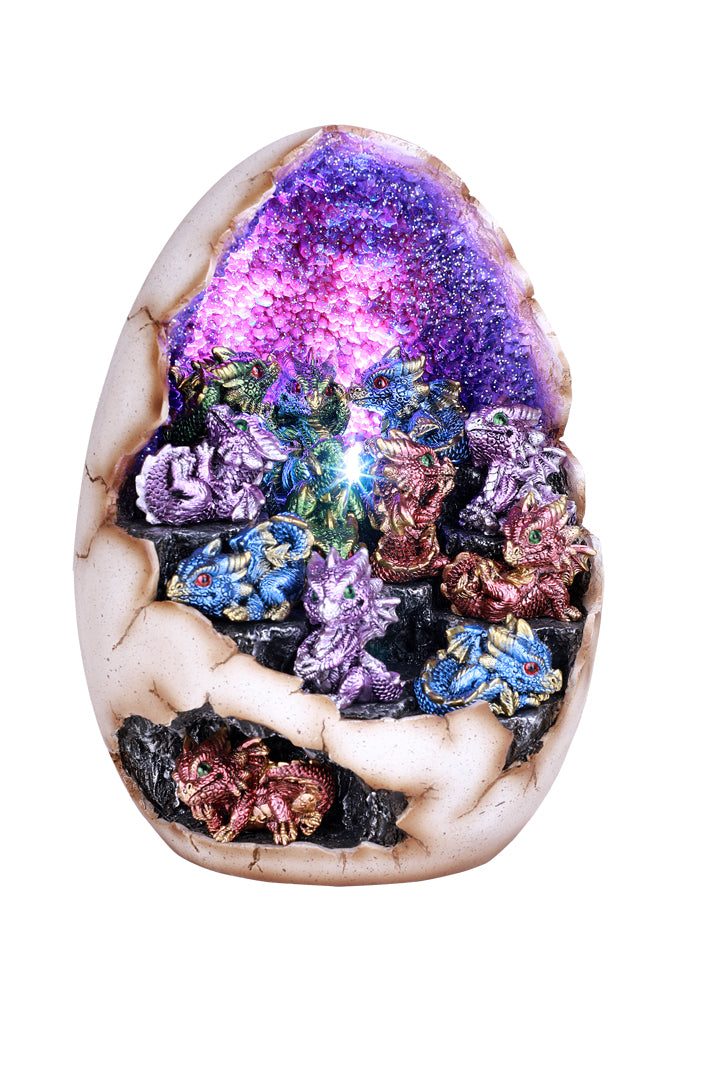 Fantasy Dragon Hatching Egg with Mini Dragons Set with LED Crystal Geode LightResin Figurine Statue