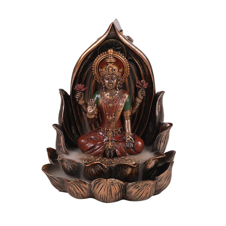 Sacred Hindu Goddess Lakshmi Sitting on Lotus Flower Resin Home Decor Backflow Burner