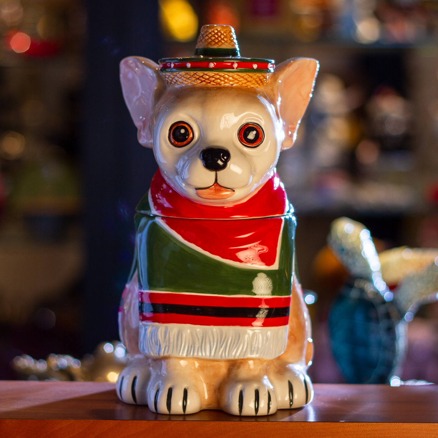 Festival Loving Chihuahua Wearing a Traditional Mexican Poncho Ceramic Cookie Jar