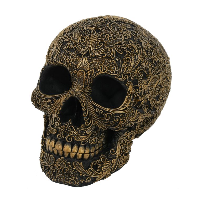 Black Carved Skull with Gold Flower Arrangement Outlines Resin Figurine Home Decor Statue