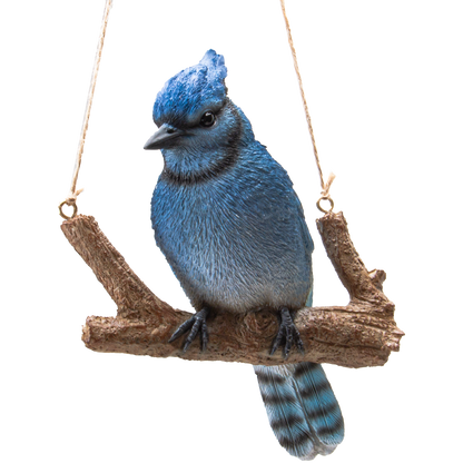 Hanging Blue Jay Bird Perching on Branch Resin Figurine Sculpture