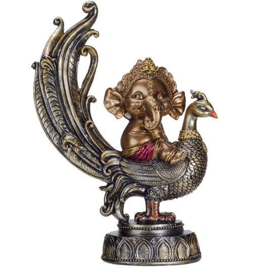 Hindu Elephant God Lord Ganesha on Peacock Lord of Success Resin Figurine Statue