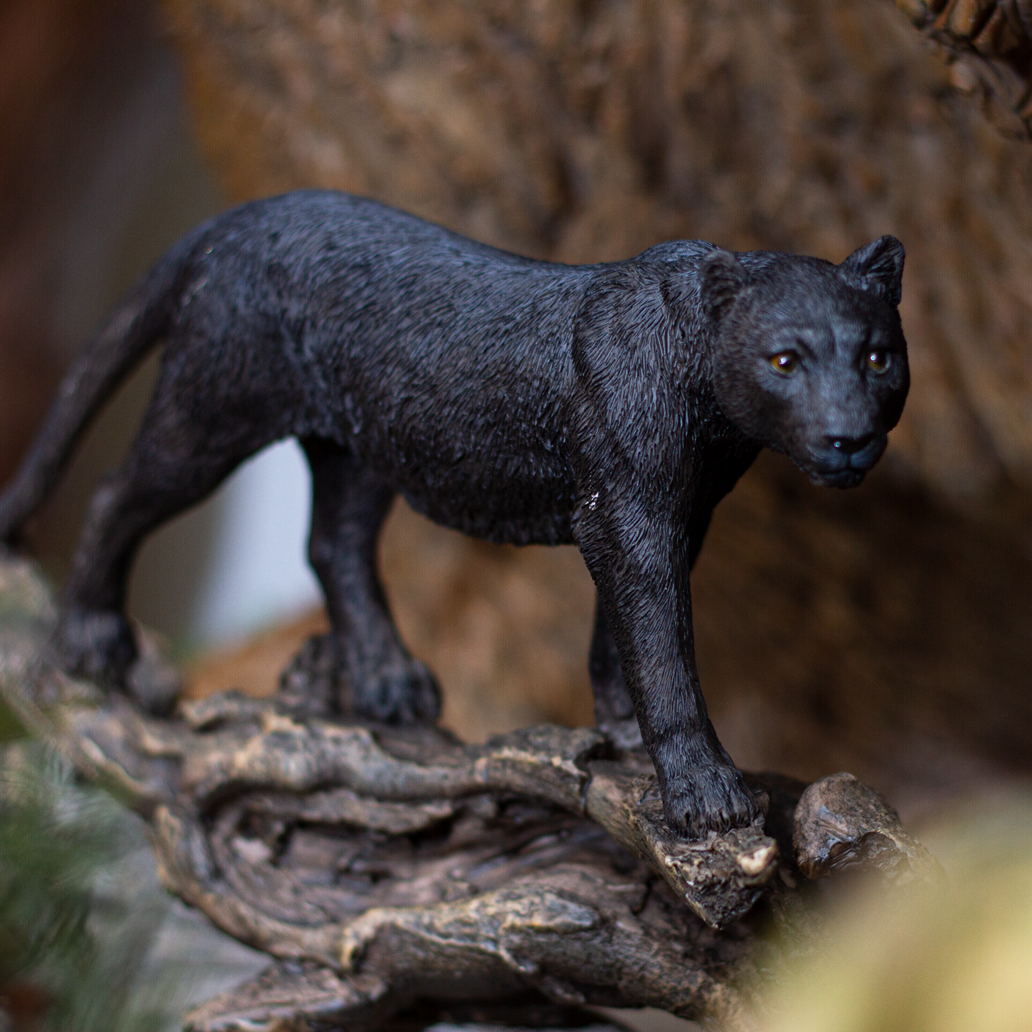 Realistic Black Cat Panther Perching on Tree Branch Decorative Resin Figurine Statue