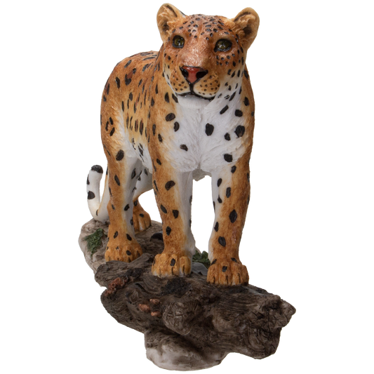 Realistic Big Cat Leopard Perching on Wood Resin Figurine Statue