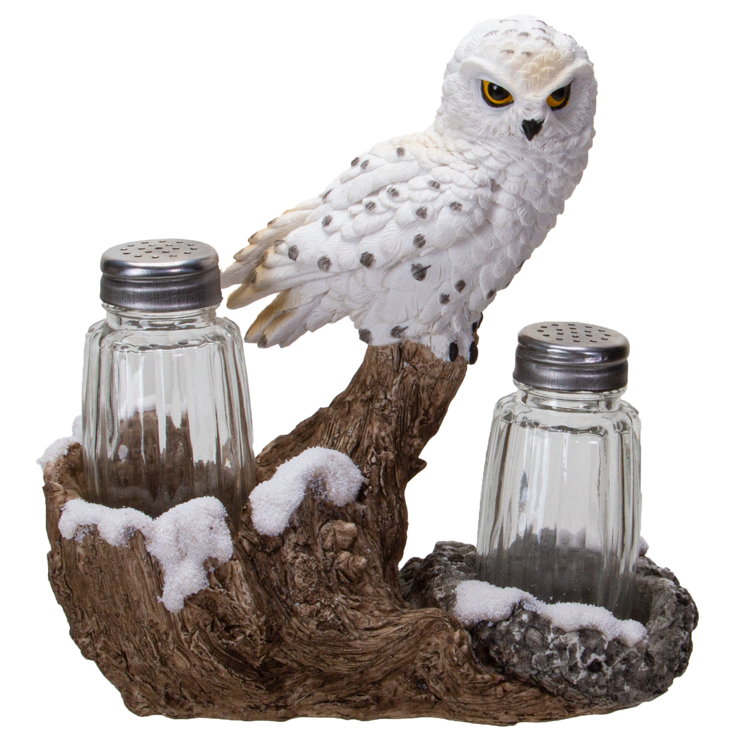 Snowy Owl Perching On Tree Branch Spiritual Realistic Decorative Glass Salt and Pepper Shakers Set with Resin Holder