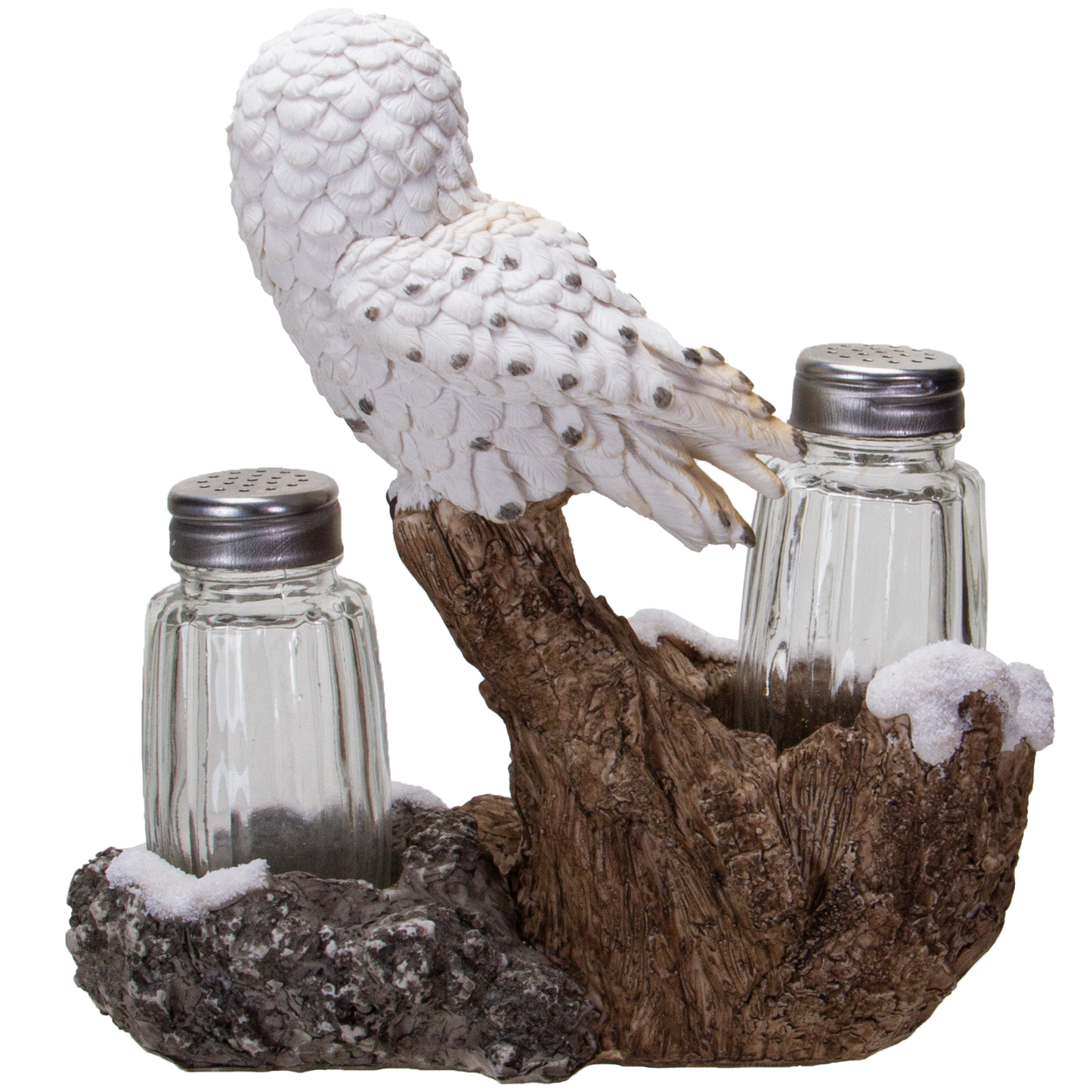 Snowy Owl Perching On Tree Branch Spiritual Realistic Decorative Glass Salt and Pepper Shakers Set with Resin Holder