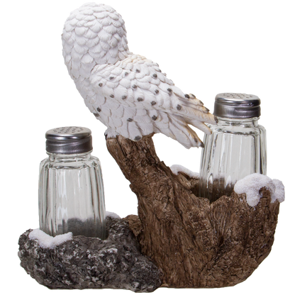 Snowy Owl Perching On Tree Branch Spiritual Realistic Decorative Glass Salt and Pepper Shakers Set with Resin Holder