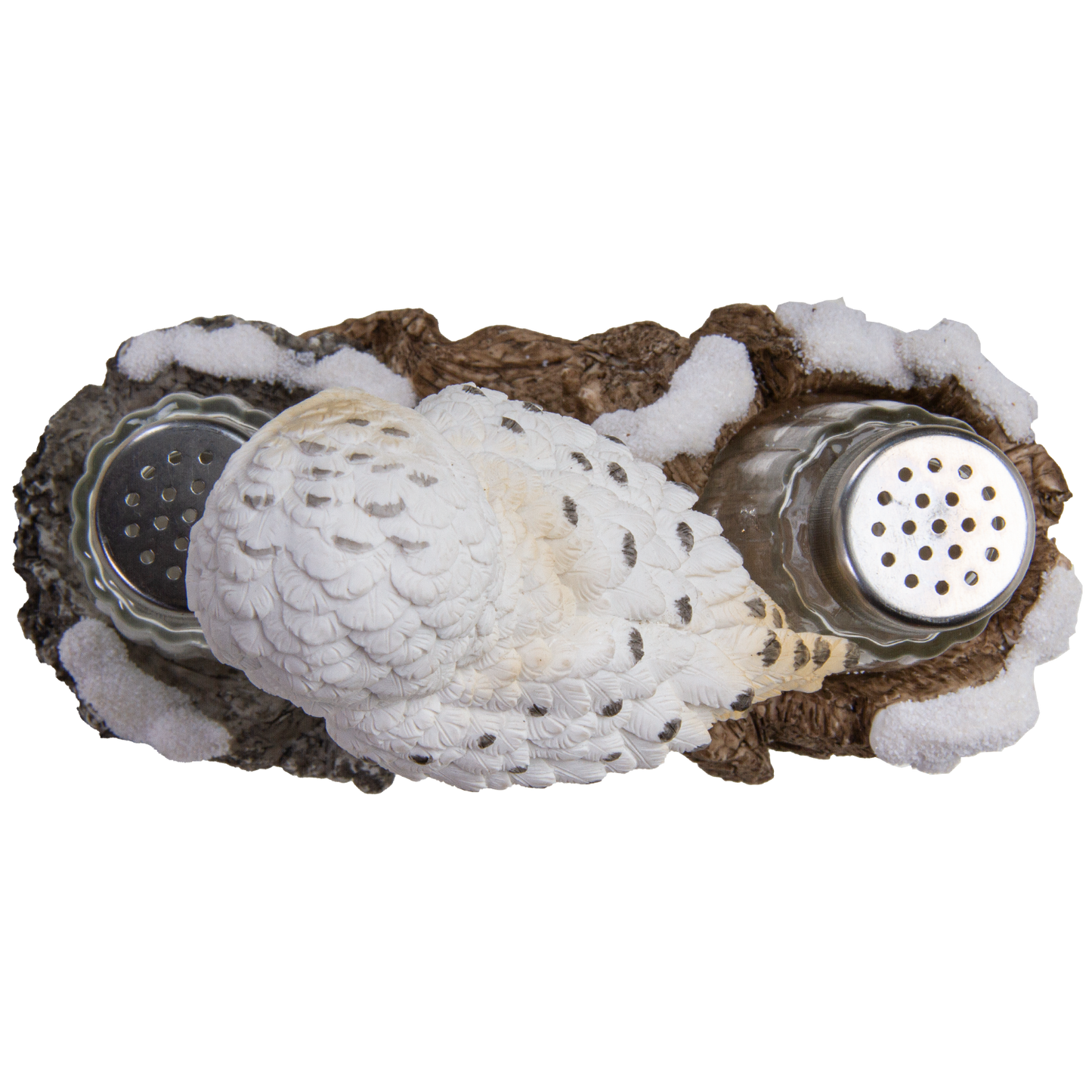 Snowy Owl Perching On Tree Branch Spiritual Realistic Decorative Glass Salt and Pepper Shakers Set with Resin Holder