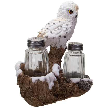 Snowy Owl Perching On Tree Branch Spiritual Realistic Decorative Glass Salt and Pepper Shakers Set with Resin Holder