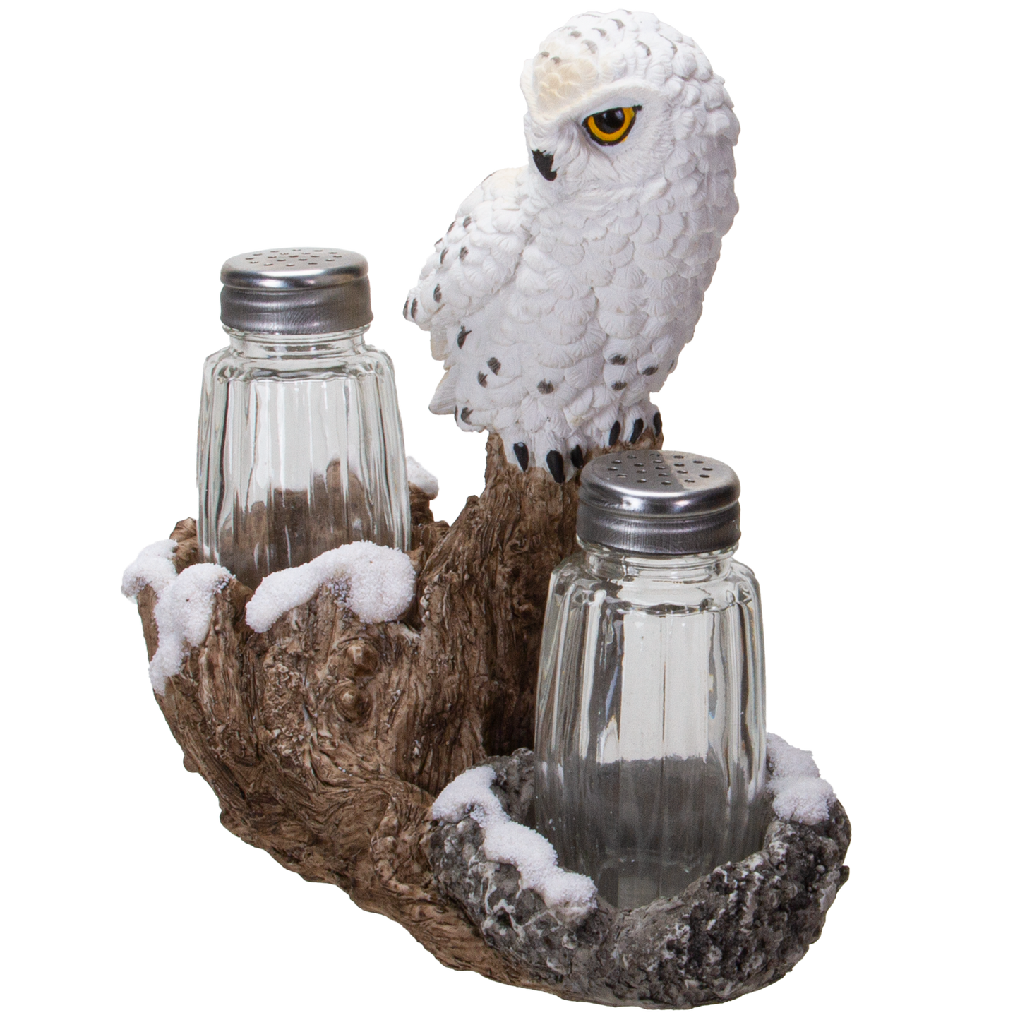 Snowy Owl Perching On Tree Branch Spiritual Realistic Decorative Glass Salt and Pepper Shakers Set with Resin Holder