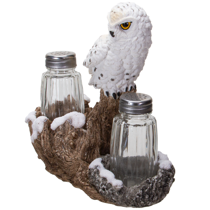 Snowy Owl Perching On Tree Branch Spiritual Realistic Decorative Glass Salt and Pepper Shakers Set with Resin Holder