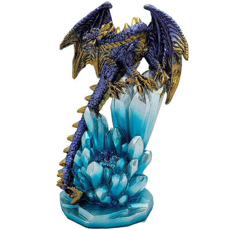 Fantasy Guarding Dragon on Crystal Gemstone Rock Figurine Statue Home Decor Collectible