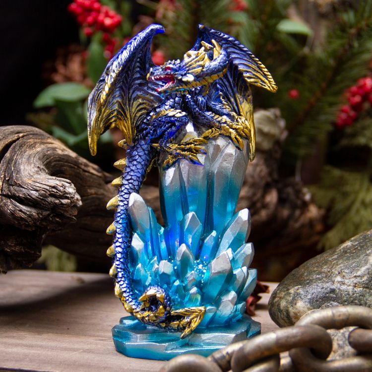 Fantasy Guarding Dragon on Crystal Gemstone Rock Figurine Statue Home Decor Collectible