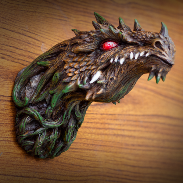 Fantasy World Tree Dragon Head Figurine with LED eyes Wall Plaque