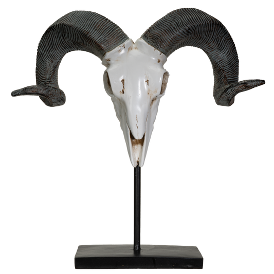 Polystone Corsican Ram Skull with Horns on Metal Stand Home Decorative Accent Faux Taxidermy Animal 29.5 in