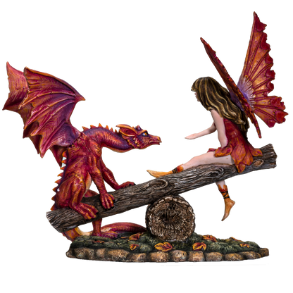 FairyTate Fairy Red Dragon on the Seesaw Decorative Resin Collectible Figurine Statue