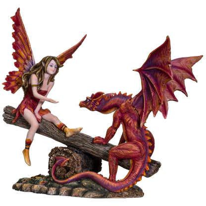 FairyTate Fairy Red Dragon on the Seesaw Decorative Resin Collectible Figurine Statue