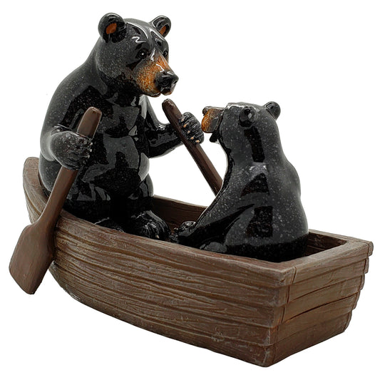 Animal World Black Bears Family in Canoe Resin Figurine