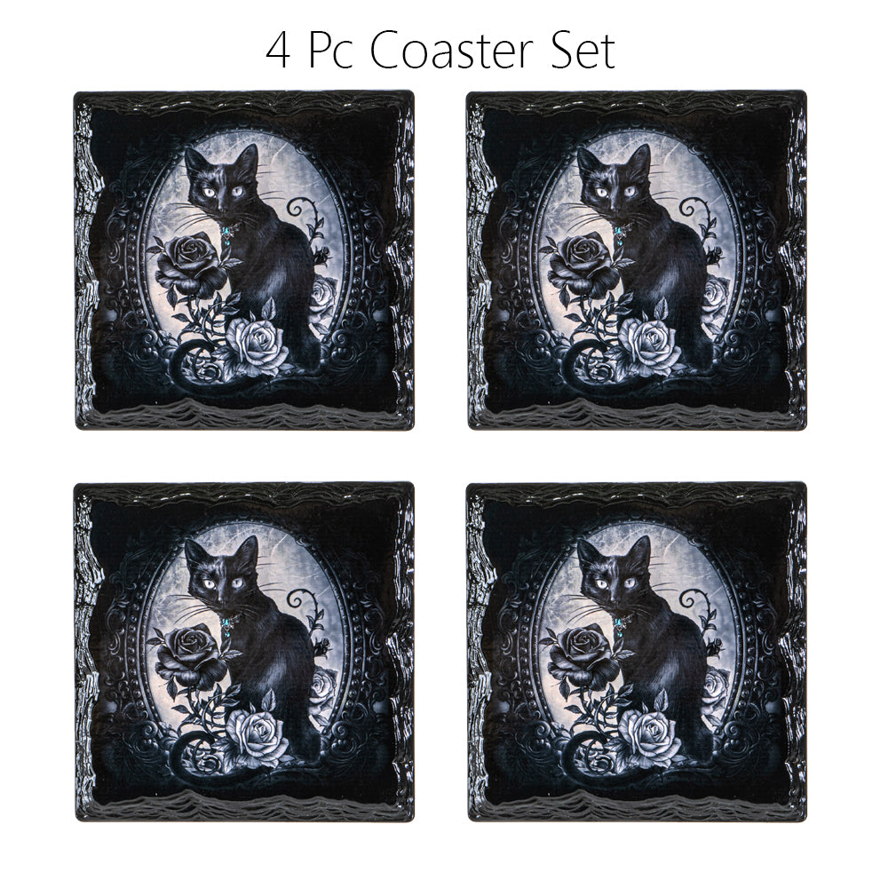 Black Cat Roses Slate Ceramic Coaster With Cork Backing Set of 4