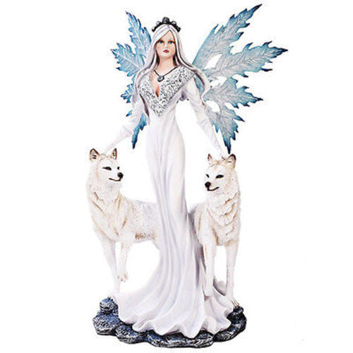 Large Ice Princess Fairy Snowflake Wings with Protecting Wolves Statue