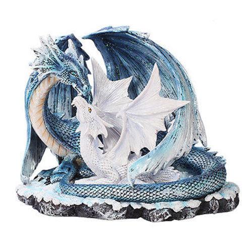 Mystical Ancient Blue Mother Dragon White Dragonlet Baby Dragon Family Statue