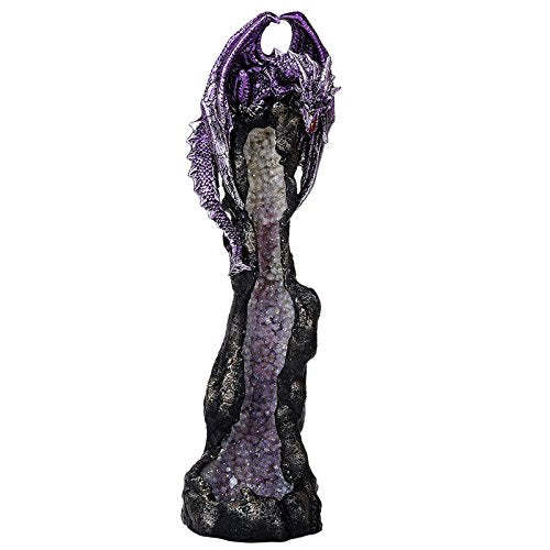 Purple Dragon on Geode Rock Gemstone Quartz Stick Incense Burner Medieval