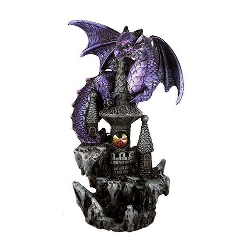 Purple Guardian Dragon on Castle Figurine Medieval Mythical Fantasy Decoration