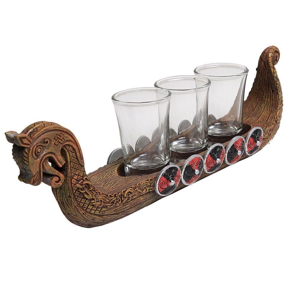 Ancient Nordic Viking Longship Vessel 3 PC Shot Glass Holder