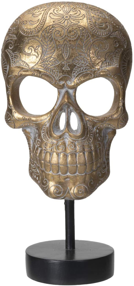 Engraved Golden Resin Skull Front with Base and Stand Home Decor