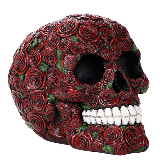 Ornate Red Roses Flower Human Skull Figurine