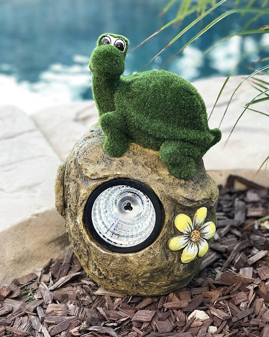 Solar Powered Tortoise On Garden Rock Sculpture In Flocked Artificial Grass Decorative Sculpture 13.5 Inches