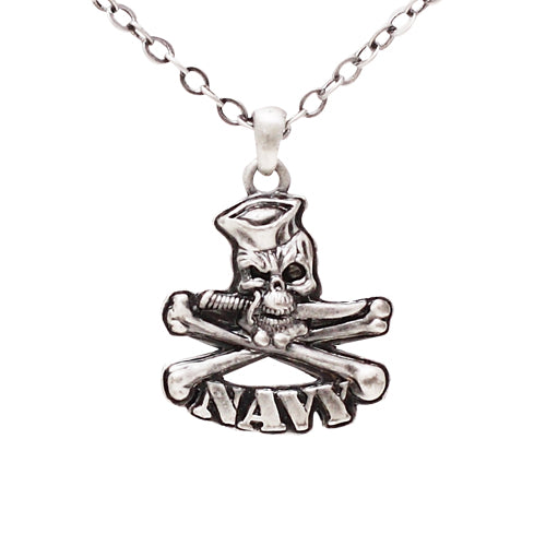 Masada Jewelry, Navy Skull Crossbones and Dagger Pendant Necklace Lead Free Alloy