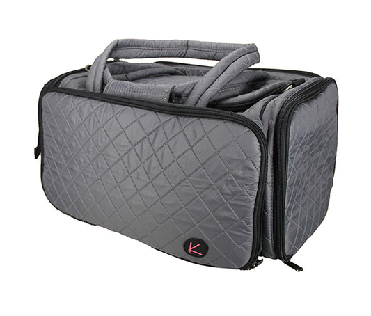 Kiota Quilted Tote Beauty Duffel Bag With 4 Side Compartments Ideal for Cosmetic Bottles Brushes Accessories (Gray)