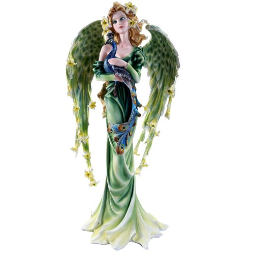 Large Graceful Peacock Fairy with Lily Flowered Wings Embracing Peacock Figurine 22 Inch