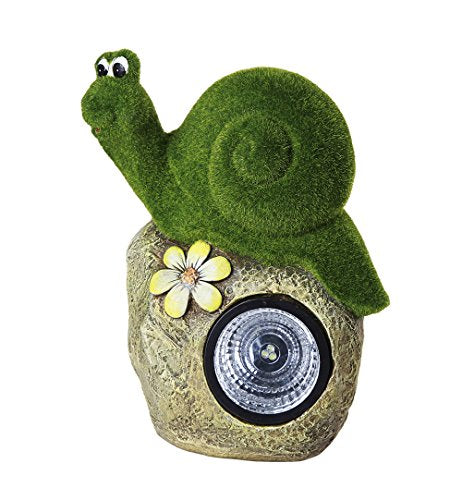 Solar Powered Garden Snail On Rock Sculpture In Flocked Artificial Grass Decorative Sculpture 13.5 Inches