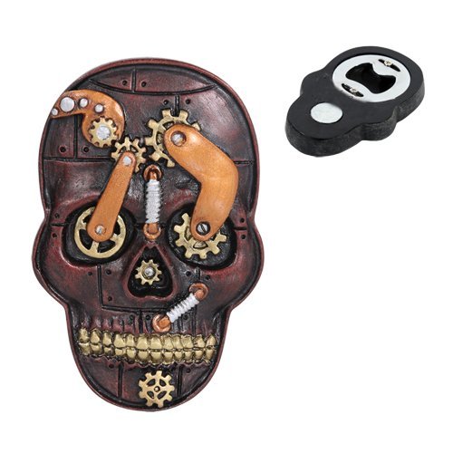 Bronzed Steampunk Skull Magnet Bottle Opener Figurine Made of Polyresin