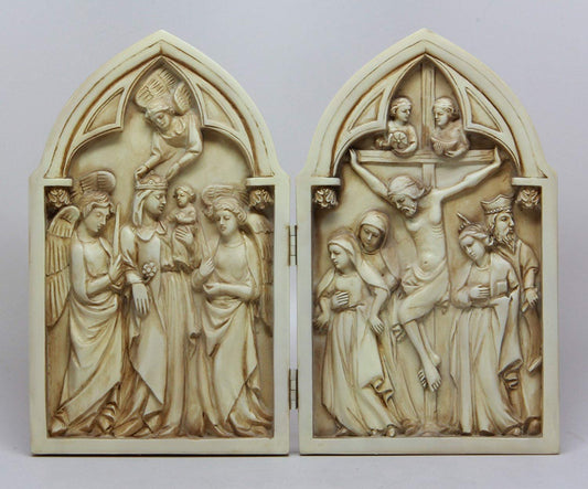 8 Inch Crucifixion Diptych Hand Painted Resin Table Top Statue