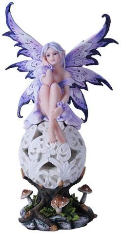 Purple Elegante Flower Fairie Sitting on Changing Color Led Orb Meadow Mushroom Fairy Statue