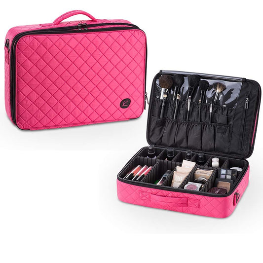 KIOTA Dual-Layer Professional On The Go Portable EVA Makeup Train Case Cosmetic Travel Storage Organizer Bag with Dividers and Brush Pockets - Bubblegum Pink