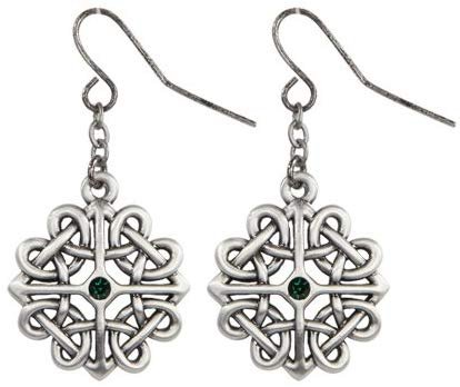 Celtic Flower with Green Crystal Pewter Earrings Jewelry- Mystica Collection