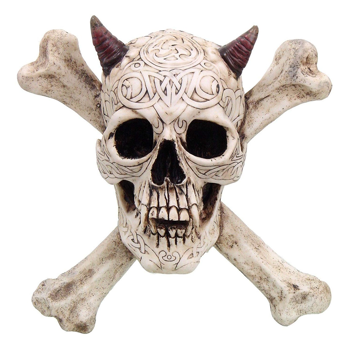 PTC Devil Horned Skull Cross and Bones Resin Statue Figurine, 10" H