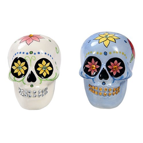 Pacific Giftware Day of Dead Sugar White & Blue Skulls Salt & Pepper Shakers Set Rhinestone DOD