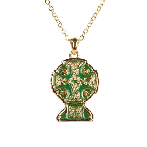 Celtic Cross Gold & Green Necklace Jewelry