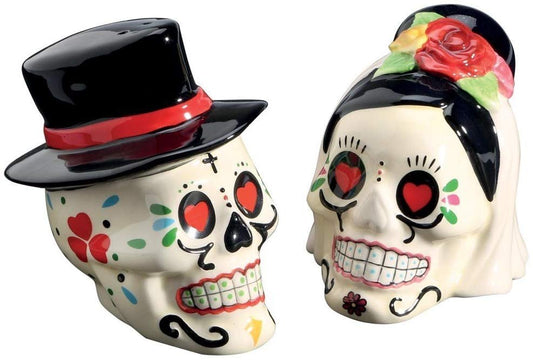 Day of the Dead Bride and Groom Skulls Ceramic Salt and Pepper Shakers