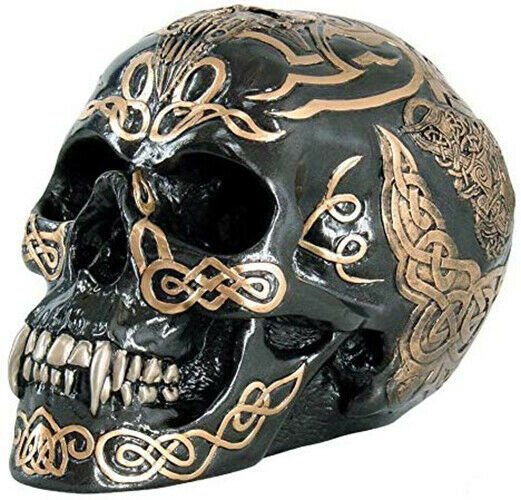 Black and Gold Color Celtic Pattern Skull Statue Figurine